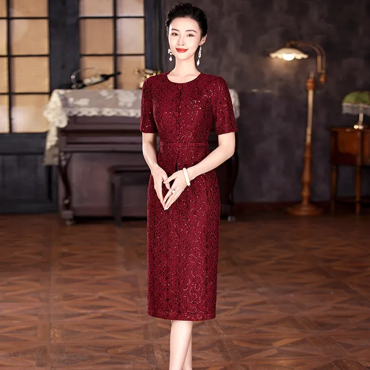 2025新款圆领常规中腰喜婆婆婚宴装夏季连衣裙酒红色气质高贵结婚