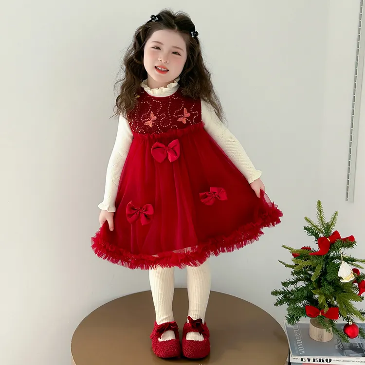 韩版女童冬装洋气蝴蝶结网纱连衣裙套装2025新款儿童时尚两件套潮