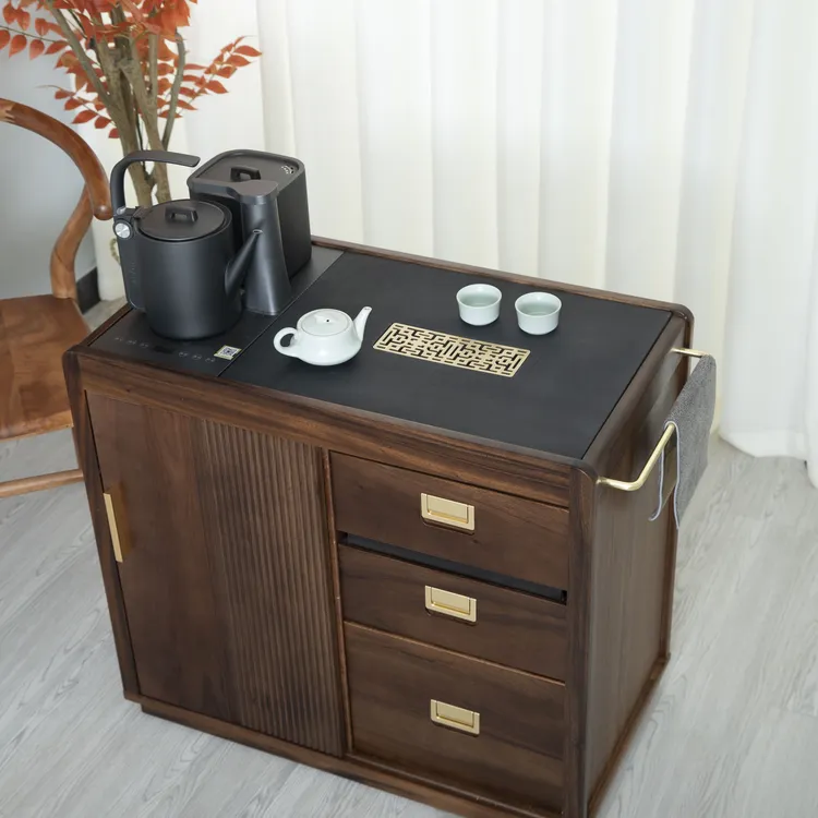 南美黑胡桃木实木茶水柜可移动茶桌边柜烧水一体泡茶台边几茶柜
