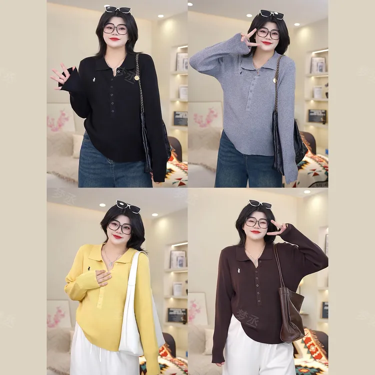 梦丞【芙蓉秋枝】冬季显瘦大码女装百搭简约风减龄长袖翻领针织衫