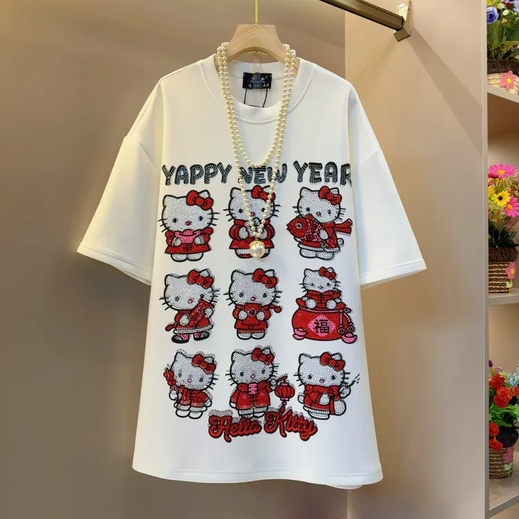 宽松减龄卡通时髦欧货烫钻字母欧韩爆款T恤衣长78左右
