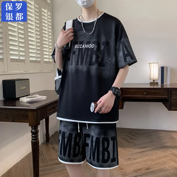 【2件套】保罗银都休闲运动套装男夏季男装青少年帅气短袖短裤一套