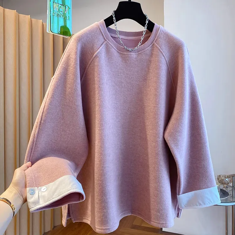 韩系高级感圆领拼色套头卫衣女装秋冬新款大码宽松叠穿保暖上衣潮