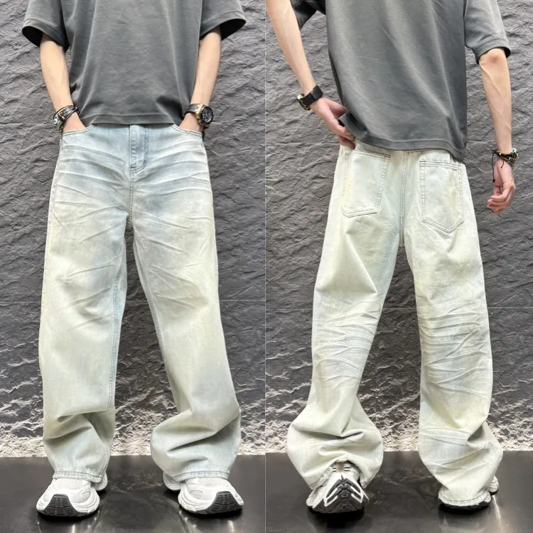 美式高街男士立体猫须设计宽松直筒百搭baggy版型牛仔裤ins风裤子