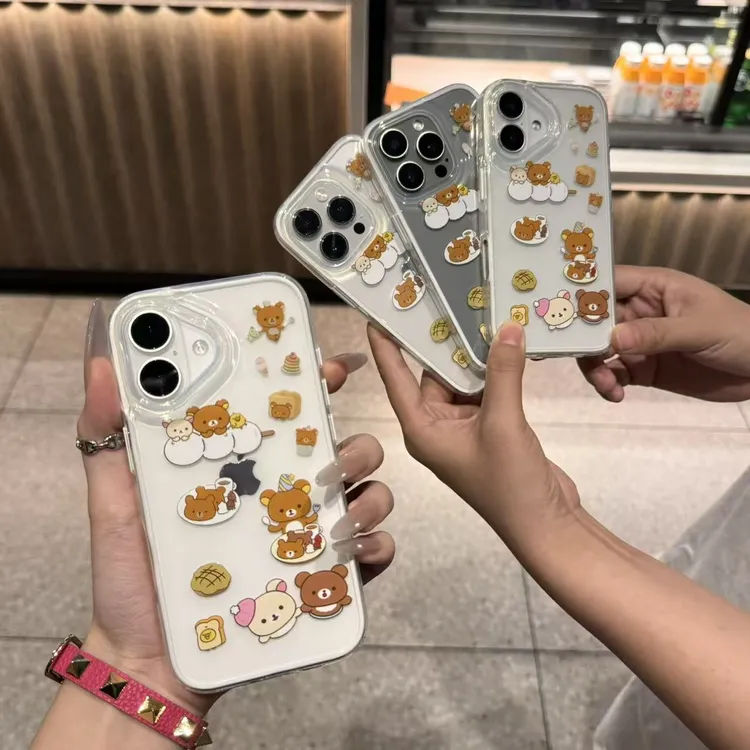 卡通轻松熊适用于苹果16/17手机壳iPhone15透明大孔二合一13软