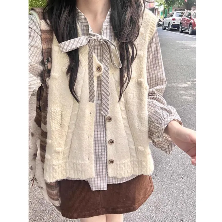 韩系独特超好看套装女秋新款麻花针织毛衣马甲格纹绑带衬衫两件套