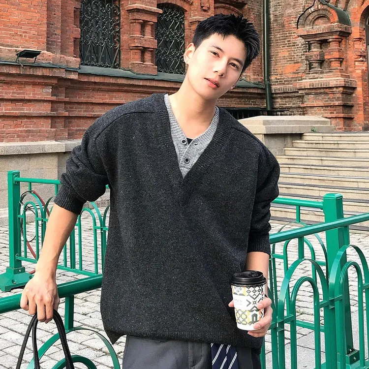 秋冬新款美式潮牌复古简约纯色假两件毛衣cleanfit情侣同款针织衫