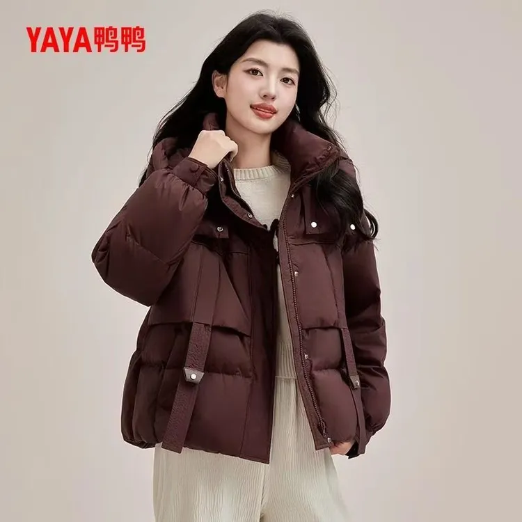 YAYA/鸭鸭连帽插肩袖泡芙女加厚拉链时尚短款羽绒服YE4B604505L