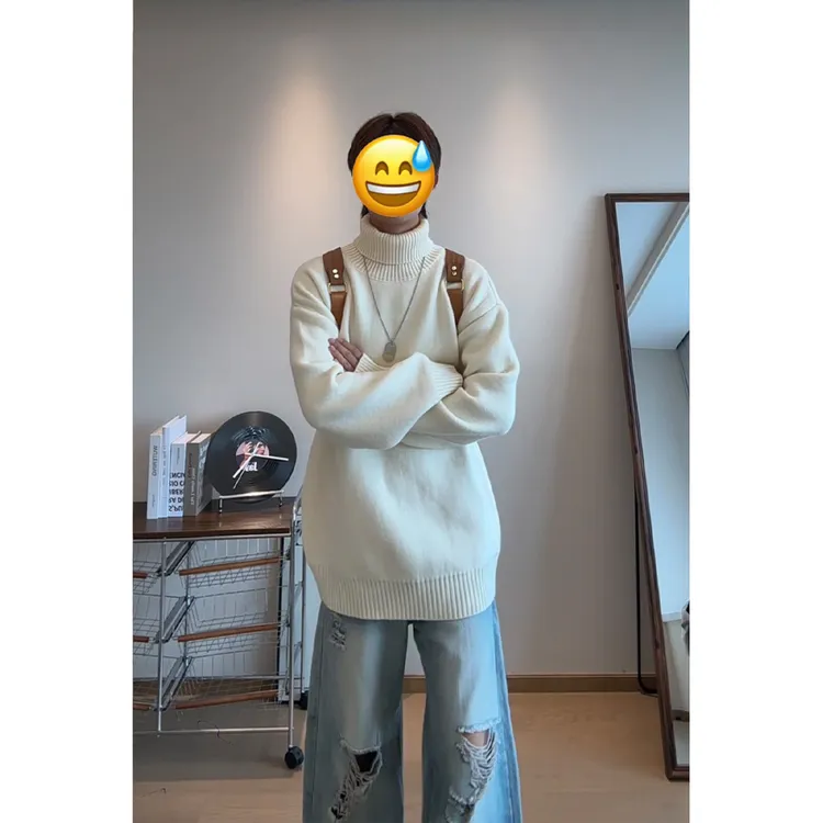 立领毛衣男女秋冬季情侣装加绒高领外套韩版设计感保暖叠穿针织衫