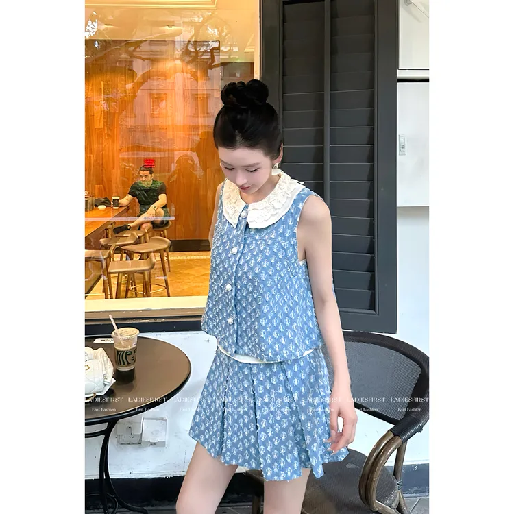 毛妮LADIESFIRST【韩系小清新】撞色拼接牛仔a字百褶裙夏季L1799