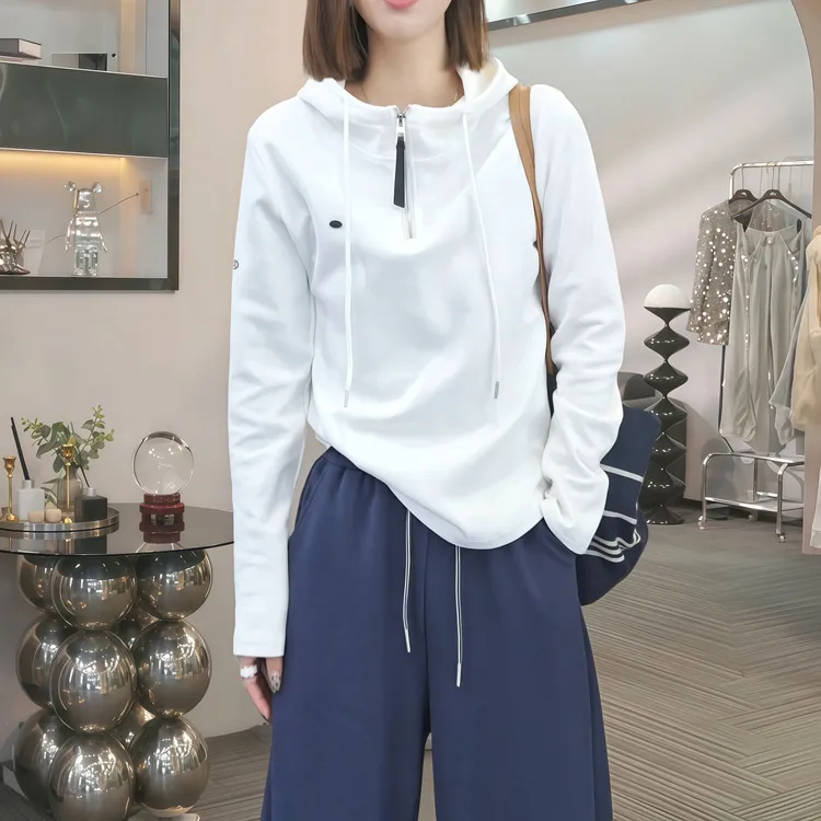 秋季慵懒宽松连帽半开领长袖外套女2025休闲时尚百搭柔软弹性上衣