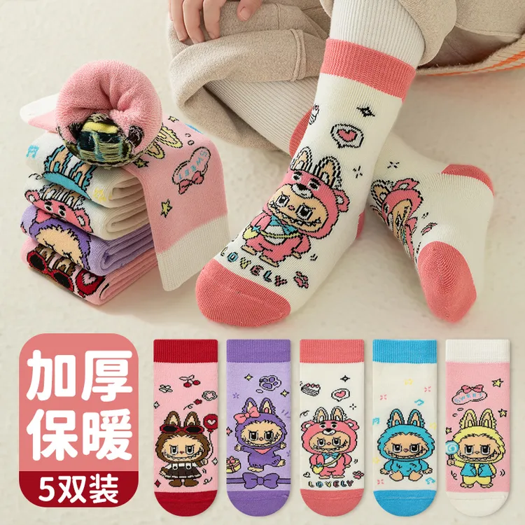 儿童袜子冬季女童加厚保暖毛圈袜女孩冬天厚款中筒袜卡通拉布布