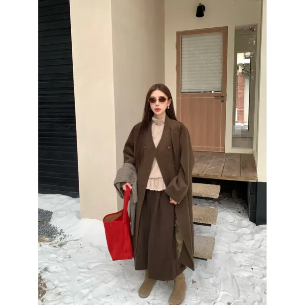 赵小小【暮色暖冬】9067 秋冬季复古中长款毛呢外套双排扣外搭呢子