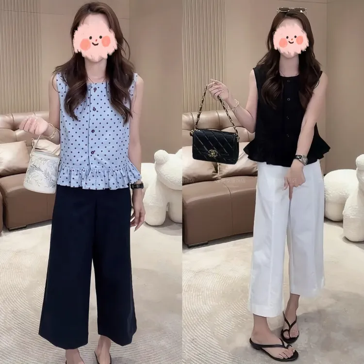 2025夏季新款甜美风松弛感波点排扣无袖上衣显瘦百搭休闲裤套装女
