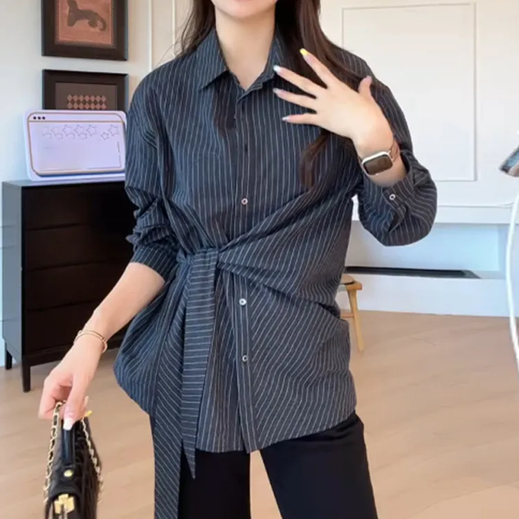 韩系设计感竖条纹polo领系带衬衫女早秋新款轻薄凉感防晒显瘦上衣