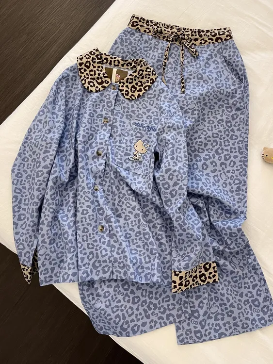 【DMXJ大梦想家】甜美少女可爱蓝色豹纹睡衣女夏季新款家居服套装