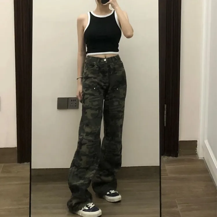大码高级感迷彩工装牛仔裤女款夏季街头嘻哈宽松复古阔腿休闲裤子