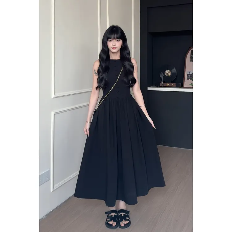 RICHINCHEESE 纽约千金 千金风无袖高级感排扣设计修身长款连衣裙