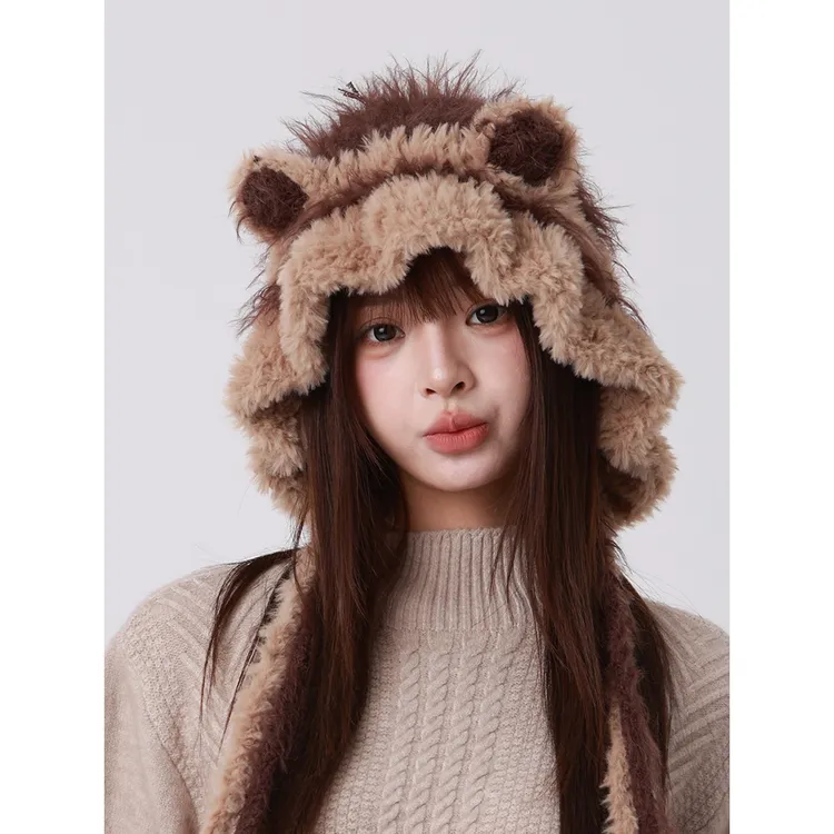 毛绒绒可爱小熊帽子女秋冬季包头护耳大头围针织帽保暖防寒雷锋帽