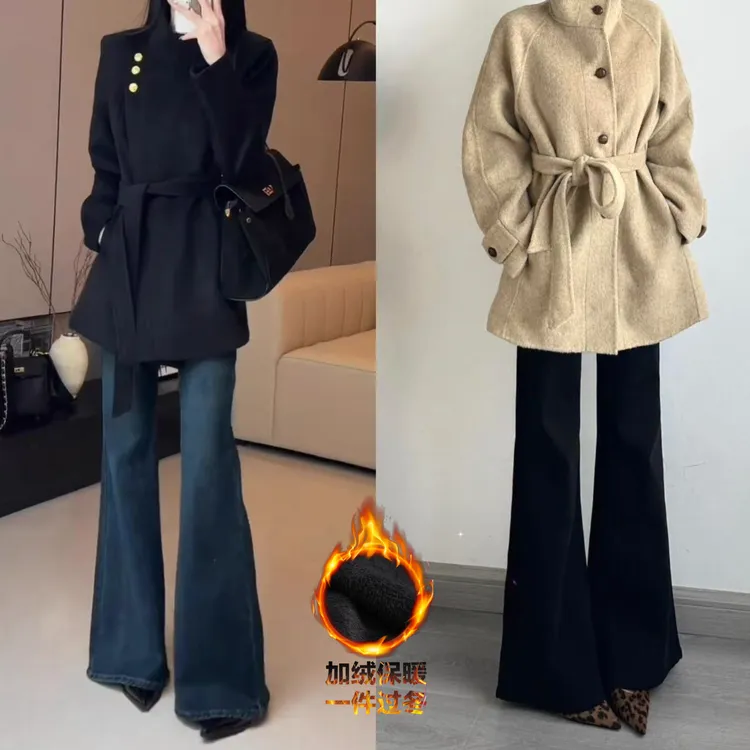 秋冬加绒加厚不贴腿微喇牛仔裤女弹力高腰显高显瘦阔腿直筒裤