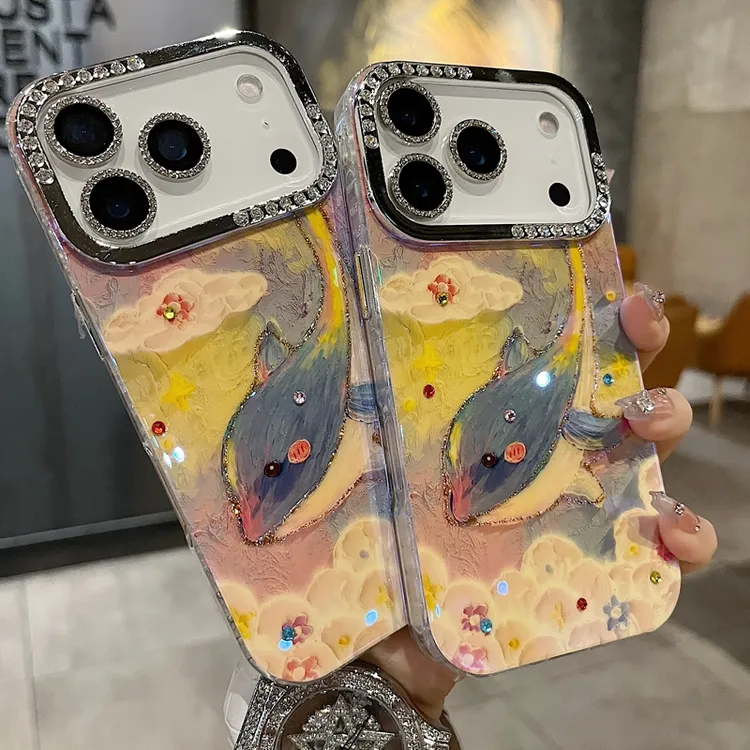 适用苹果系列iPhone17新款手机壳15prom小众梦幻鲸鱼半钻大孔透气