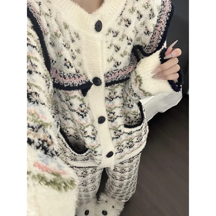 韩版复古提花针织半边绒睡衣女秋冬季加厚开衫外套亲肤家居服套装