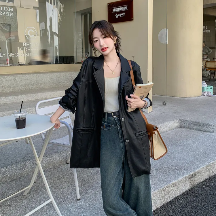 气质老钱风黑色西装皮衣女春秋2025新款显瘦时尚炸街机车服短外套