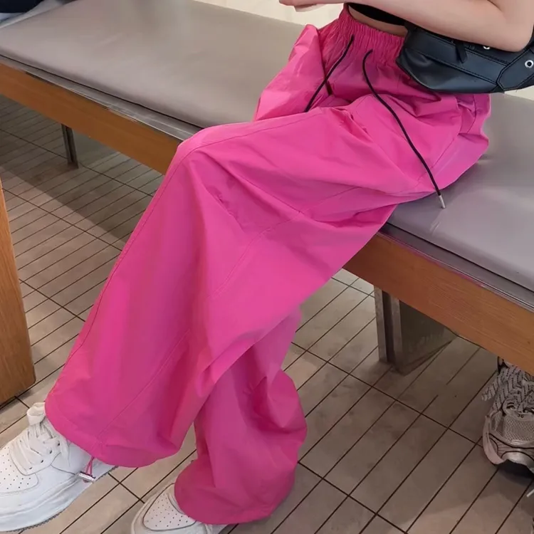 字母刺绣高腰显瘦阔腿气球裤女宽松舒适速干休闲裤百搭两穿弯刀裤