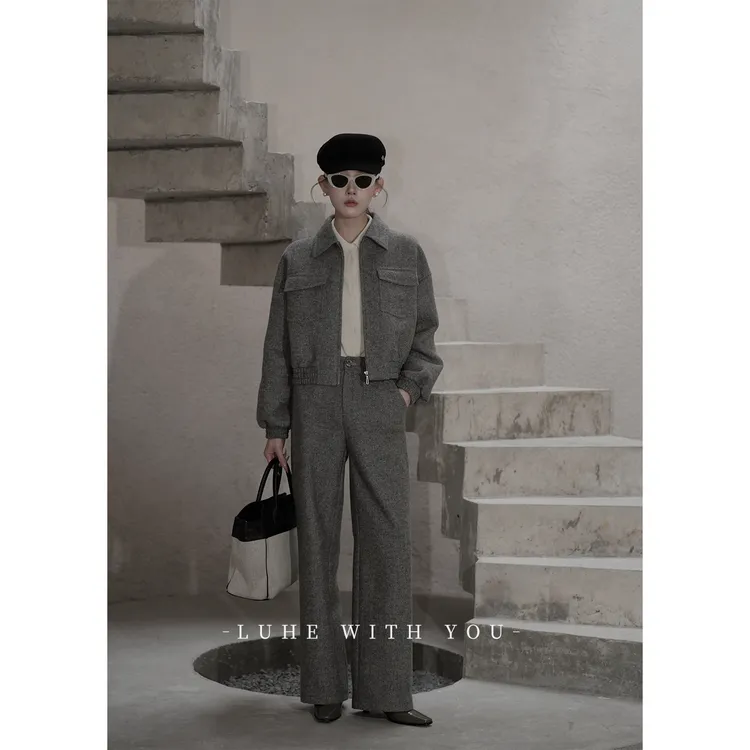 LUHE【约克郡】hehe私服~格雷系50羊毛编织料外套+休闲西裤