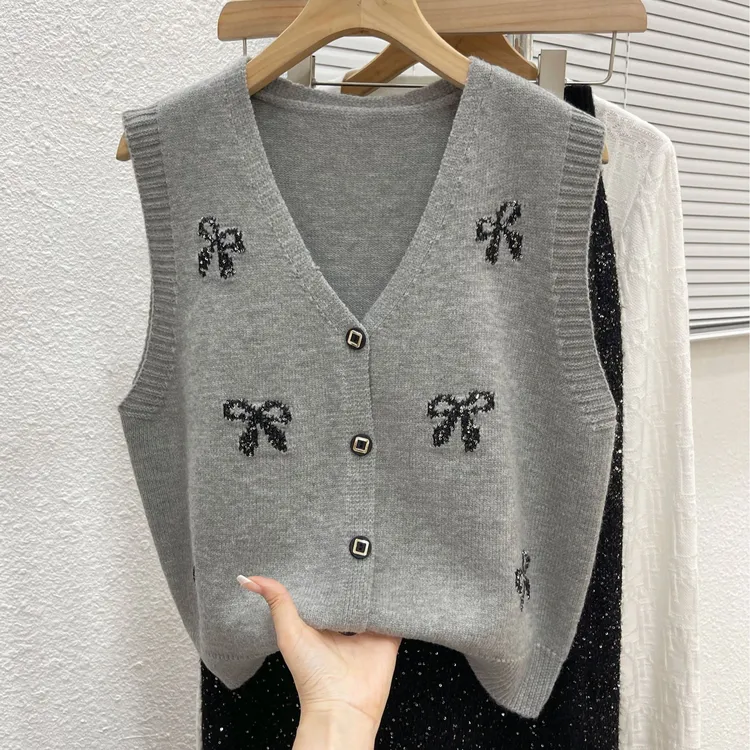 【细闪蝴蝶结】秋冬新款V领开衫针织马甲女纯色百搭背心外穿坎肩