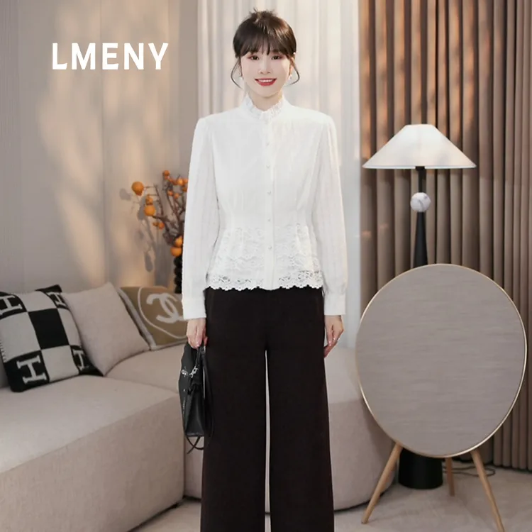 LMENY“芭蕾舞曲”绒绒光~花边拼接圆领捏褶收腰蕾丝小衫25DC009