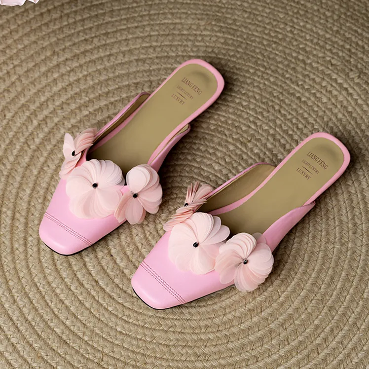 2025新款时尚温柔气质法式花朵外穿平底包头拖淑女风LF637