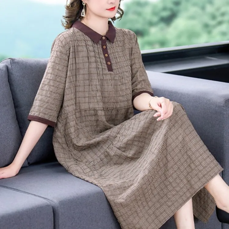 棉麻连衣裙气质中老年妈妈新款复古夏季显瘦宽松过膝长裙大码裙子