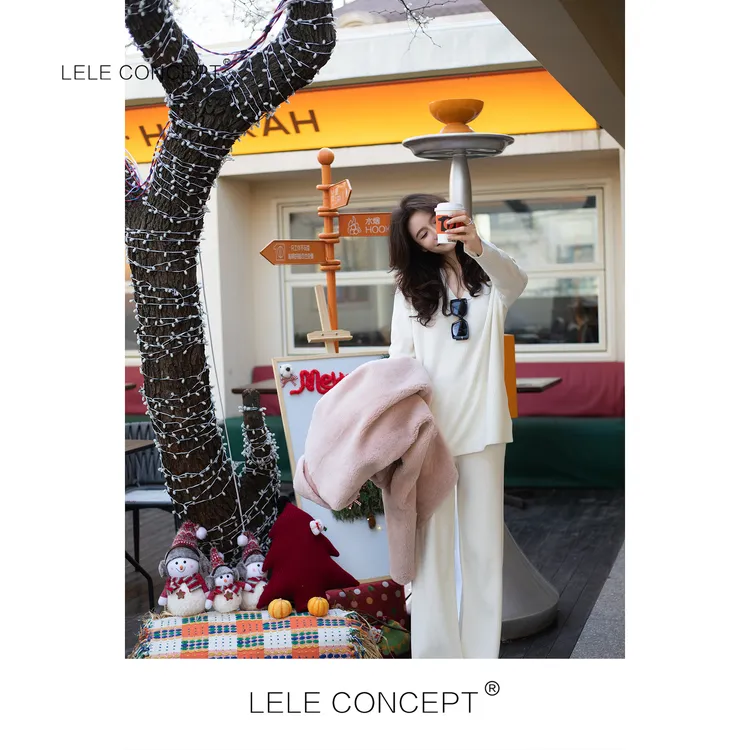 LELE CONCEPT丨【暖绒时光】简约V领绵羊毛针织套装T0100