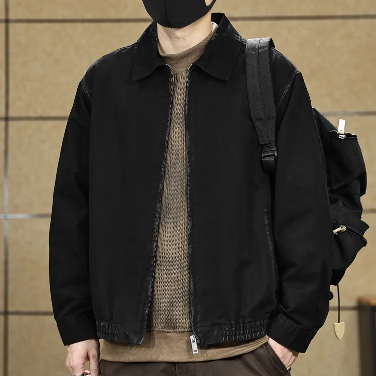 美式复古水洗翻领夹克男2026秋季新款潮牌宽松纯棉底特律工装外套