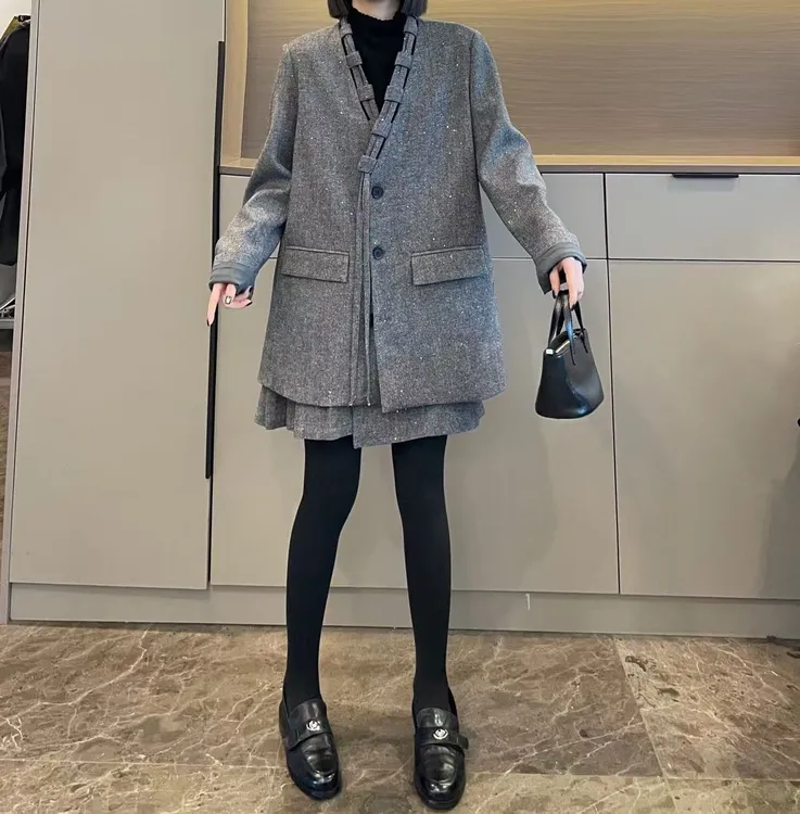 米可/MK-2986LJ【V领呢子西装外套+半裙套装】时尚秋季新款两件套