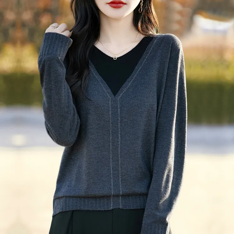 假两件撞色V领上衣漂亮时尚独特女装针织衫时尚小个子短款打底衫