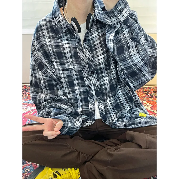 春秋季新款美式男女衬衫宽松中性休闲上衣长袖格子复古大码衬衣