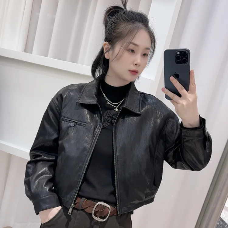 【2559加棉】秋冬时尚翻领夹棉短款皮衣PU拼接短皮夹克宽松外套