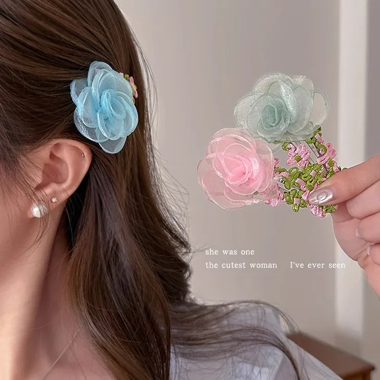 超仙网纱花朵发夹女氛围感刘海侧边夹碎发夹气质发卡夹子头饰发饰