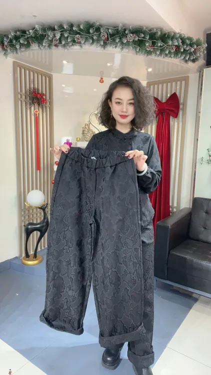 【秋冬加绒】 新中式国风 黑色提花百搭高级垂感直筒阔腿裤5315