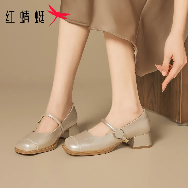 红蜻蜓玛丽珍鞋子女鞋2025新款夏皮鞋高跟鞋小单鞋法式中跟配裙子
