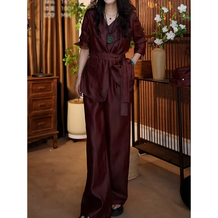 纯色简约名媛风裤套装女2025秋季新款时尚长袖翻领系带外套+裤子