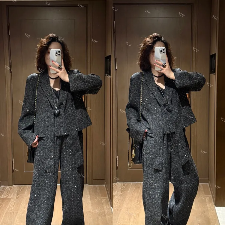  YDFSTUDIO小众【繁星闪烁】早秋小香风定制烫钻小西装+长裤套装