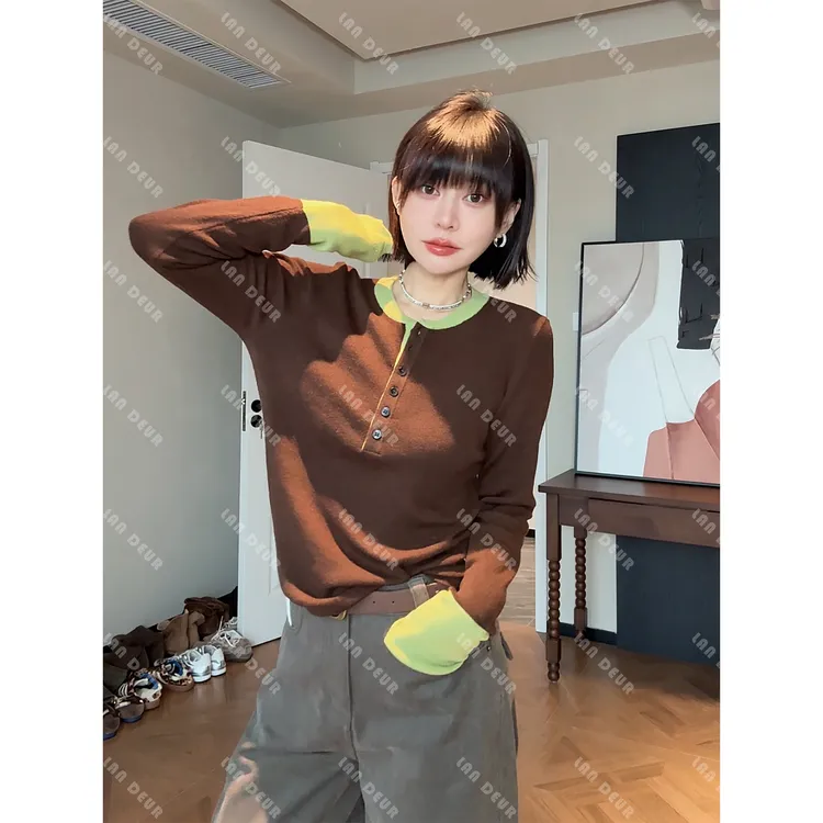 JIUJIU【穿搭模板】时尚百搭法式撞色设计感套头秋冬针织衫女