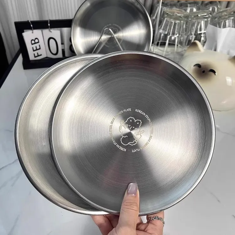  【小熊】ins风韩式盘商用盘碟家用不锈钢圆盘点心盘加厚家用菜盘