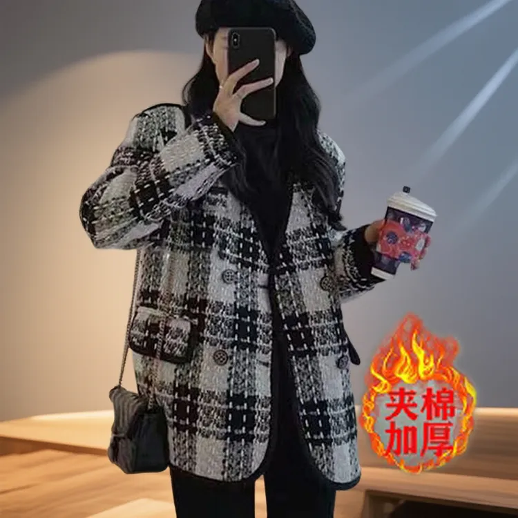 格纹小香风外套中长款女外套格子复古宽松秋冬毛呢气质时尚外套