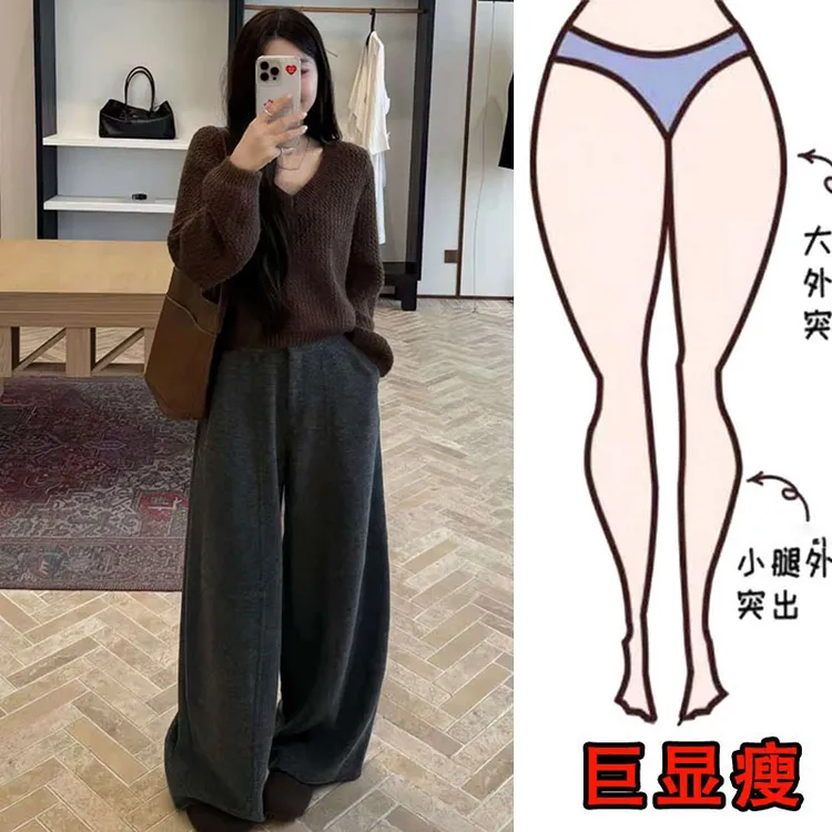 时尚气质慵懒风直筒毛呢休闲裤秋冬新款加绒加厚宽松显瘦阔腿裤
