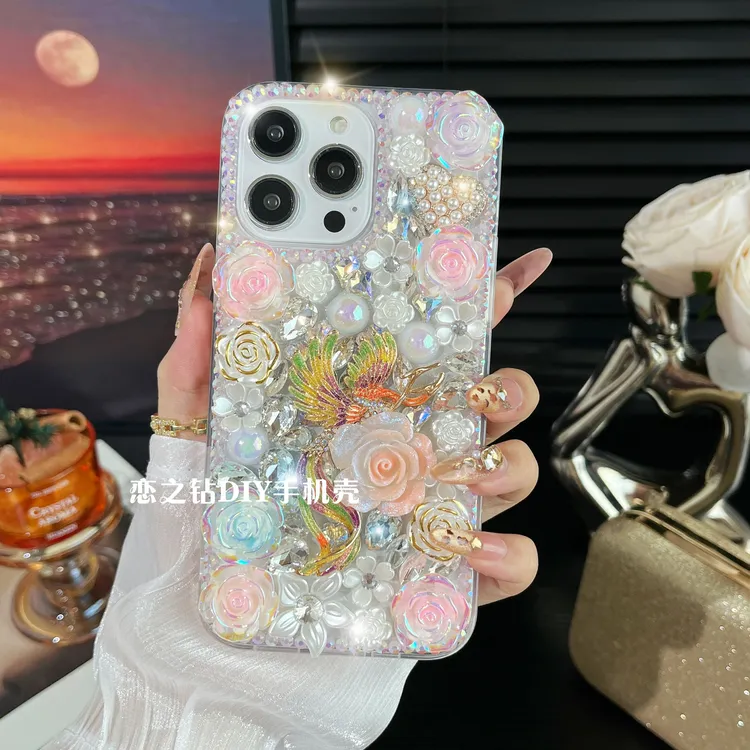 适用苹果16/华为/oppo/vivo飞凤拾花手机壳奢华满钻高级感网红