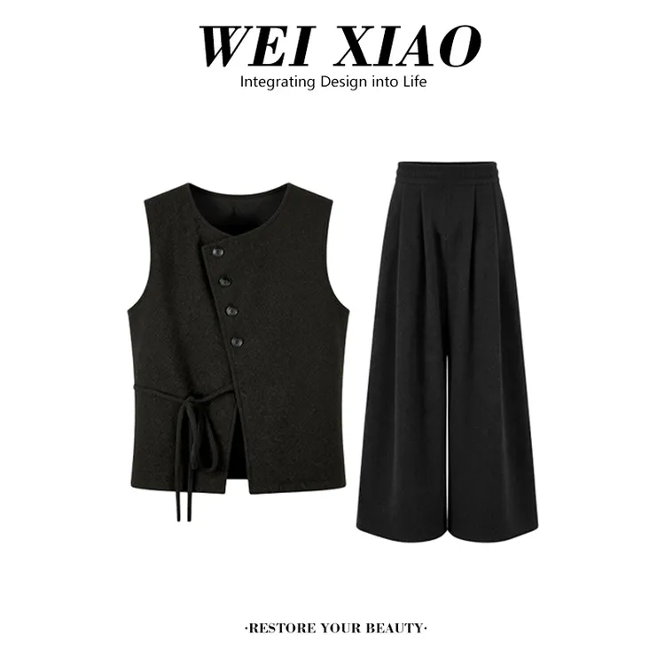 设计感时尚休闲套装女2026春秋新款韩系气质内搭马甲阔腿裤三件套商品图